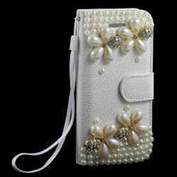iPhone 5 5S Crystal Flip Leather Wallet Case with Stand Strap (Four Flower White)